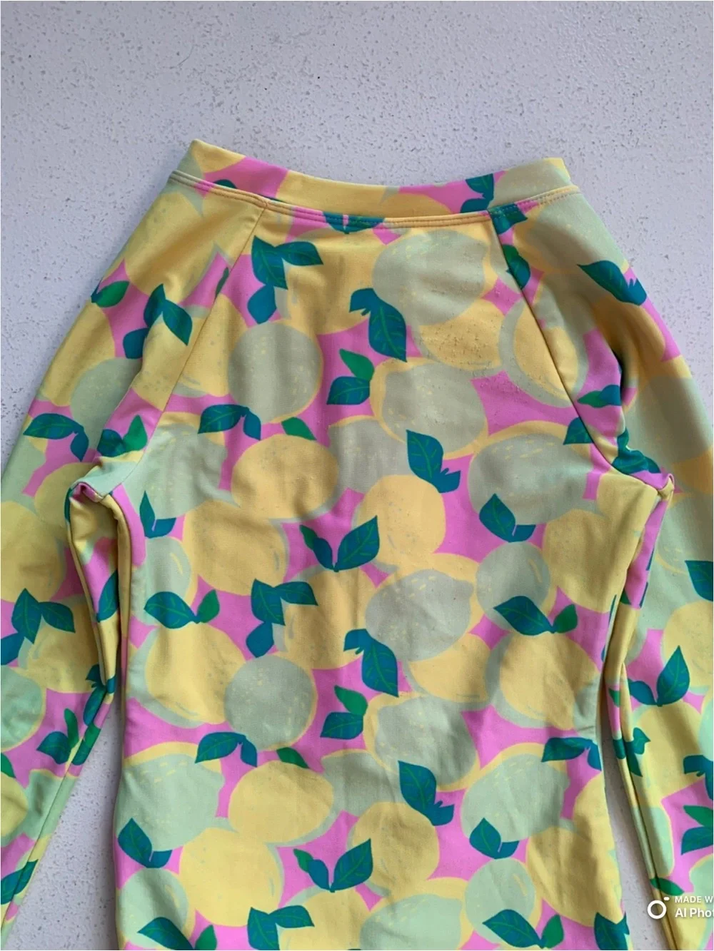 Cat & Jack Girls Medium Lemon Lime Print Long Sleeve One-Piece Swimsuit FLAWS